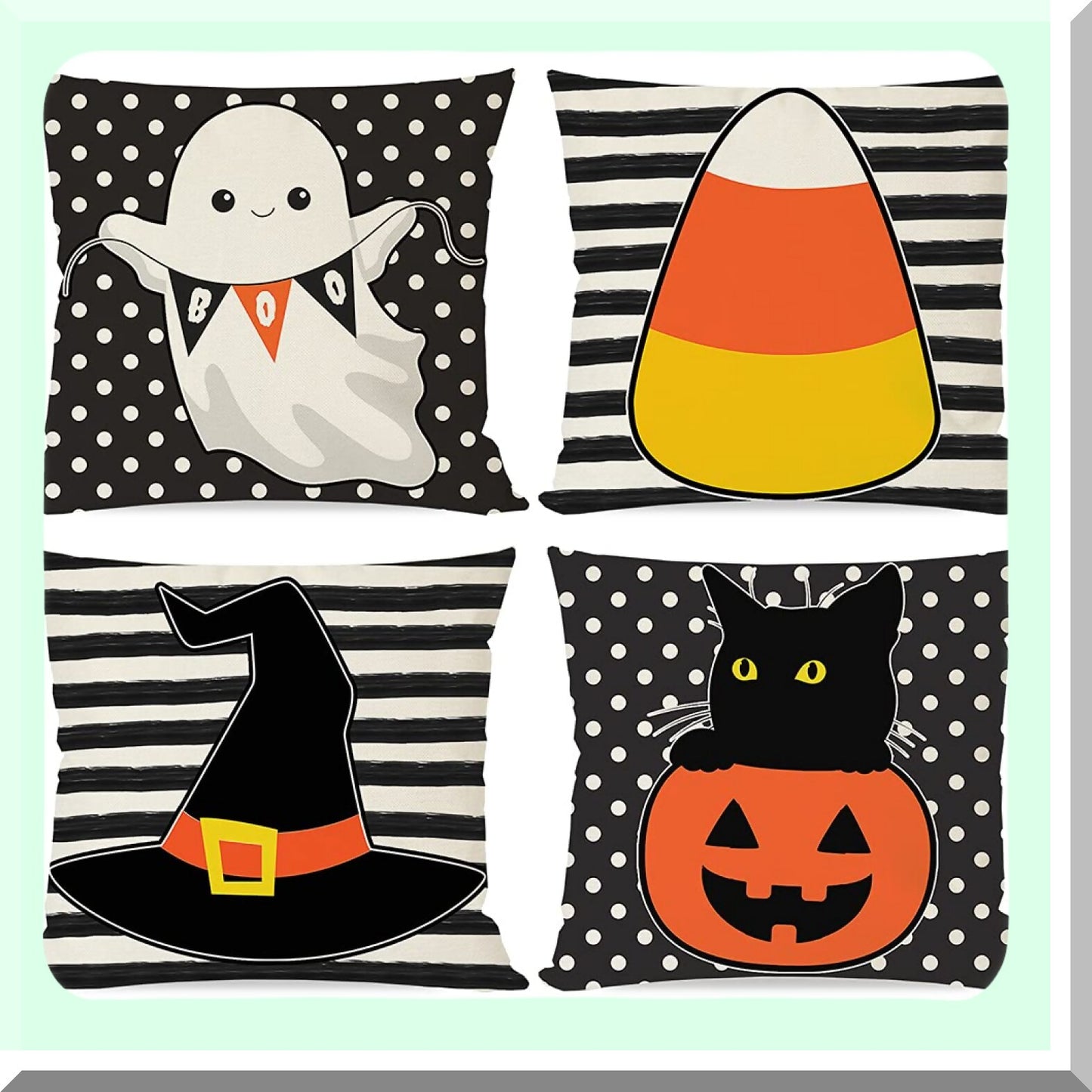 Halloween Pillow Covers Set of 4 - Black Cat Pumpkin Ghost Candy Corn - Stripe Polka Dot Decorative Throw Pillow Cases - Indoor Outdoor Home Decor