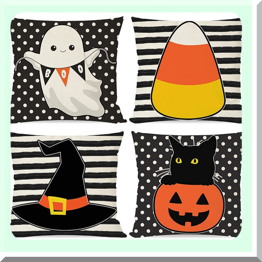 Halloween Pillow Covers Set of 4 with Black Cat Pumpkin Ghost Candy Corn Designs
