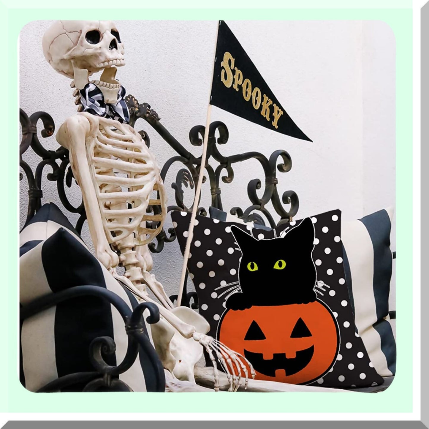 Halloween Pillow Covers Set of 4 - Black Cat Pumpkin Ghost Candy Corn - Stripe Polka Dot Decorative Throw Pillow Cases - Indoor Outdoor Home Decor