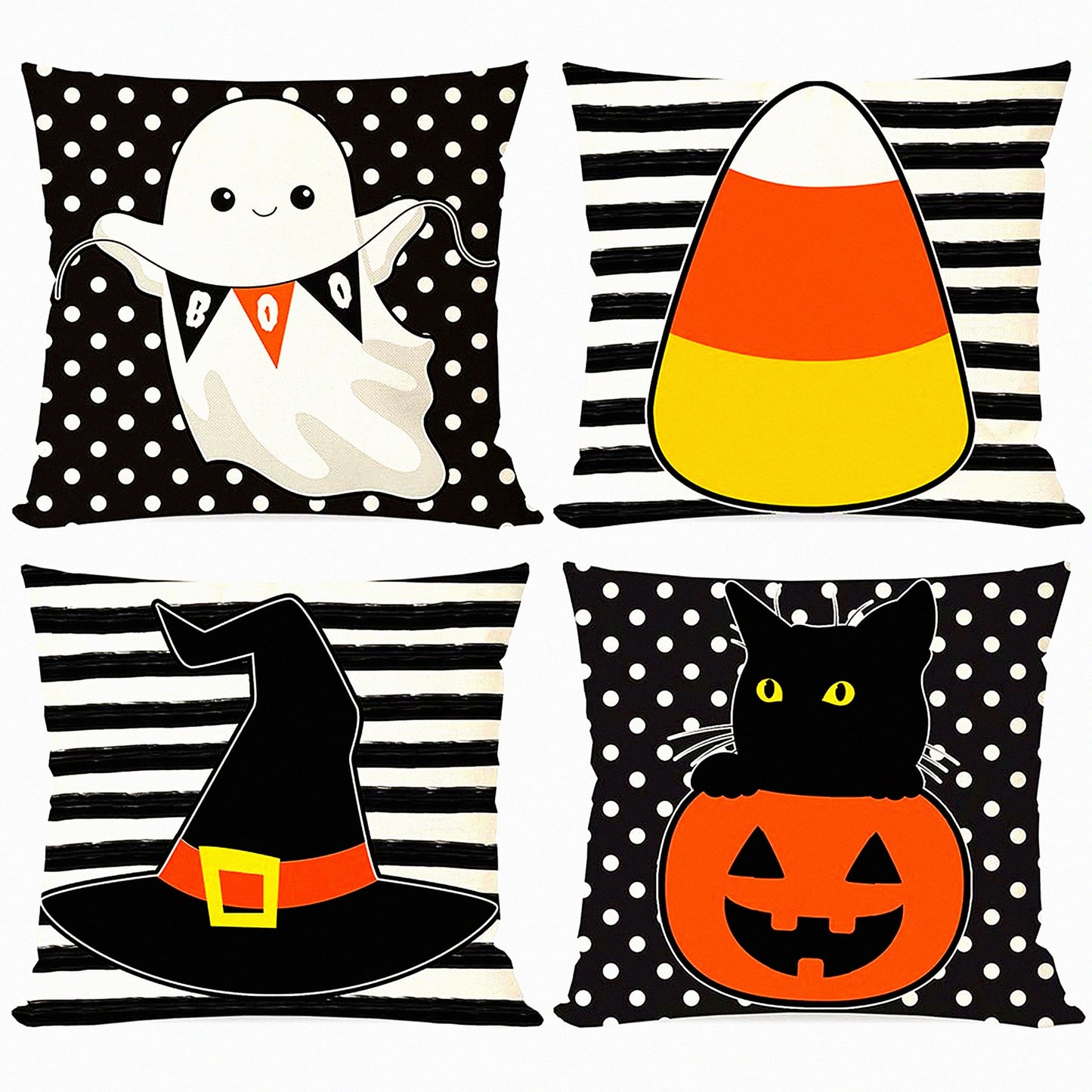 Halloween Pillow Covers Set of 4 - Black Cat Pumpkin Ghost Candy Corn - Stripe Polka Dot Decorative Throw Pillow Cases - Indoor Outdoor Home Decor