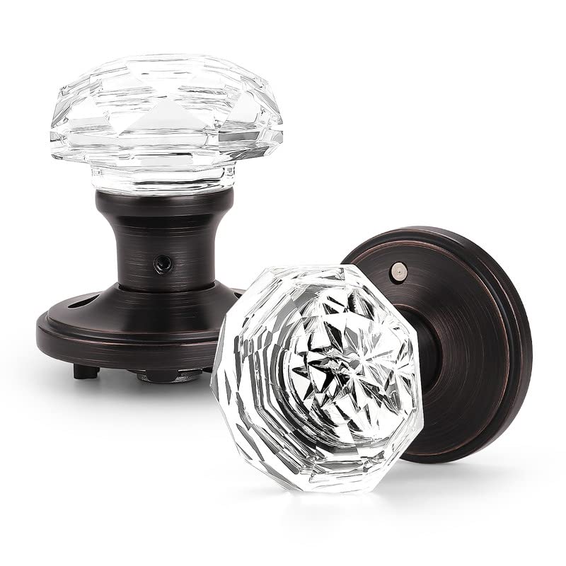 3 Pack Gl Door Knobs with Rubbed Bronze Rosette, Bath/Bed Door Knobs for Privacy Use, Keyless In or Door Handles with Diamond Shape Crystal Gl and Zinc Alloy Base