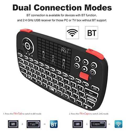 (Upgrade) i4 Mini Bluetooth Keyboard with Touchpad, Blacklit Portable Wireless Keyboard with 2.4G USB Dongle for Smartphones, PC, Tablet, Laptop TV Box iOS Android Windows Mac.Black