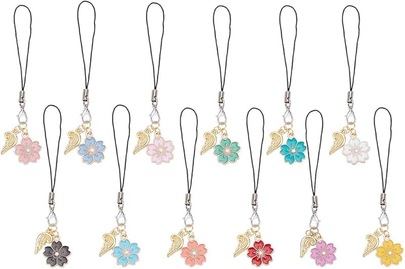 12 Enamel Sakura Phone Charms with Angel Wings