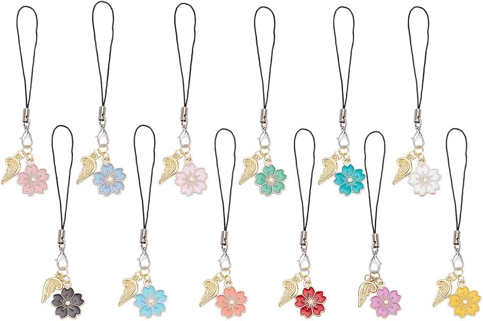12 Enamel Sakura Phone Charms with Angel Wings