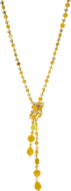 Long beaded knotted necklace with dangling teardrop crystals