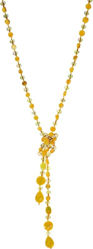 Long beaded knotted necklace with dangling teardrop crystals