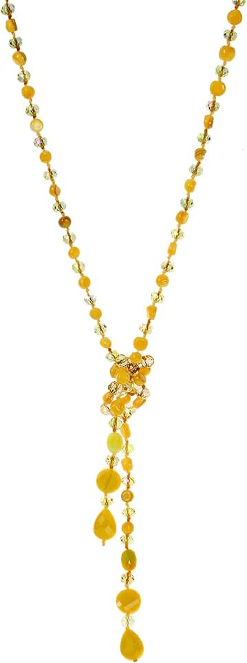 Long beaded knotted necklace with dangling teardrop crystals
