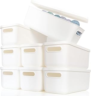 White plastic storage baskets with lids