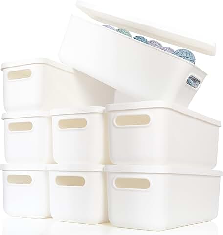 White plastic storage baskets with lids