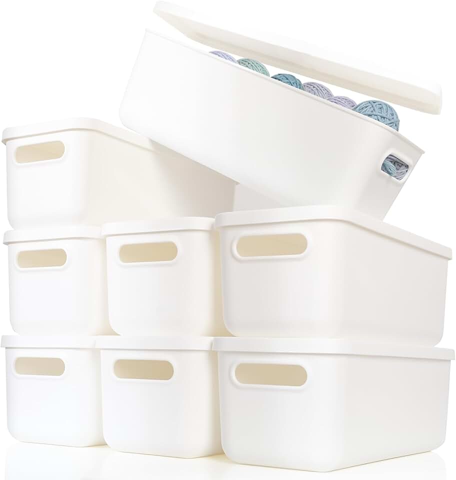 White plastic storage baskets with lids