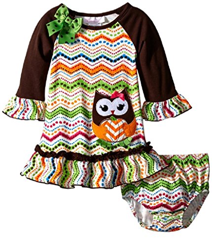 Baby Baby Girls' Chevron and Dot Print Owl Appliqued Dress, Brown, 3-6 Months