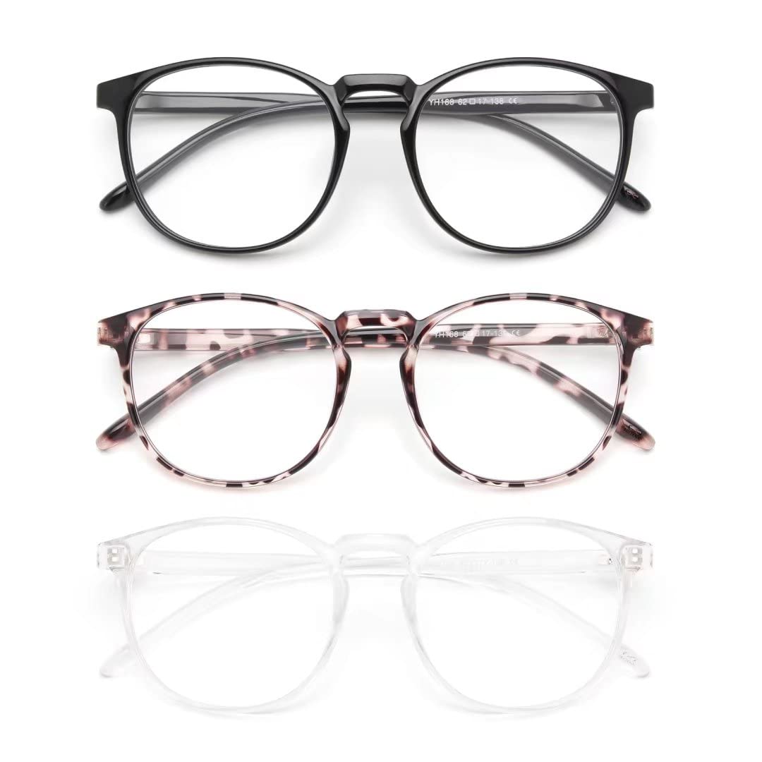 3 Pack Blue Light Blocking Glasses Women/Men, Round Fashion Retro Frame, Vintage Fake Eyeglasses with Clear Lens