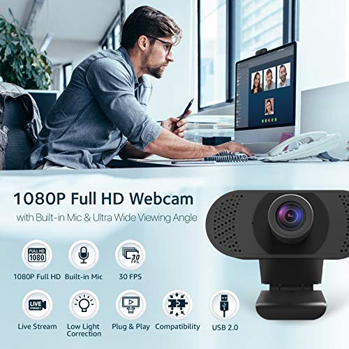 1080P Webcam with Microphone, USB HD Desktop/Laptop Plug and Play Webcam with Auto Light Correction, Wide Angle for PC/Mac Video Live Streaming, Video Conference, Online Classes, Zoom Meeting