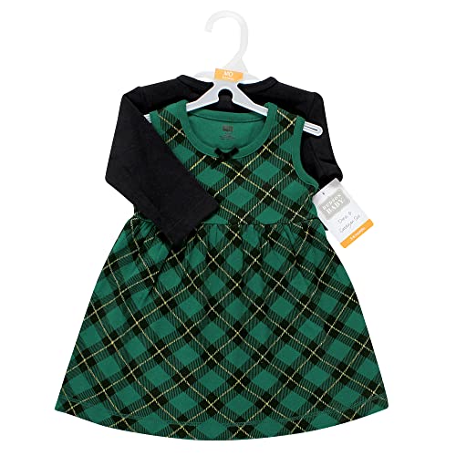 Girls Cotton Dress and Cardigan Set, Forest Green Plaid, 3-6 Months