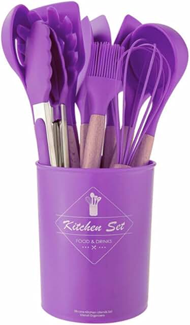 11-Piece Silicone Kitchen Utensil Set with Wooden Handles