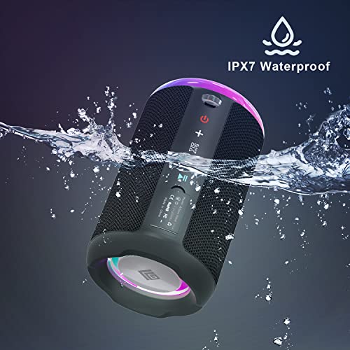 Bluetooth Speakers with 18 LED Colored Lighting Effects, IP67 Waterproof, DSP Stereo, Powerful Bass, 12H Playtime, Small Portable Wireless Speaker for Shower, Party, PC, iPhone, Samsung, etc