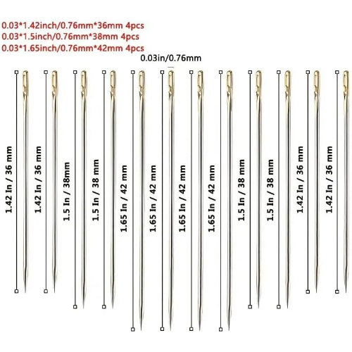 MODAIO-12pcs 3-Different Sizes Blind Needle Elderly Needle-Side Hole Hand Household Sewing Stainless Steel Sewing Needless Threading DIY Jewelry White