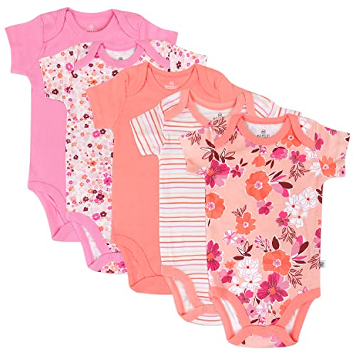 Baby Girls  Cotton Short Sleeve Bodysuits Multipack, 5 Pack Dreamy Floral Pink Peach, 3-6 Months,B501E