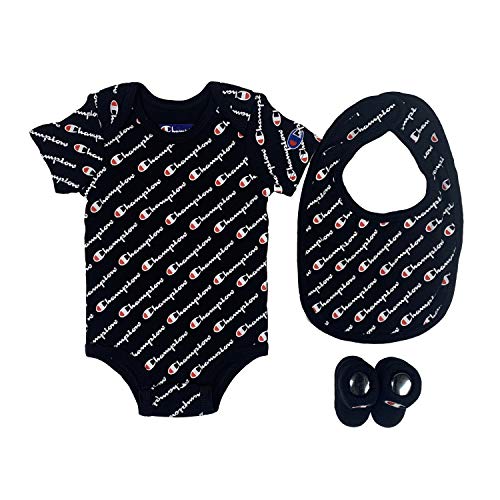 Baby Print Infant 3-pc Box Includes a Body Suit, a Bib OR Hat and Pair of Booties in Multiple Colors, All Over Script-Black 001, 0-6 Months