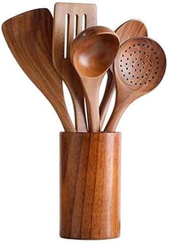 Set of six wooden kitchen utensils for cooking and baking