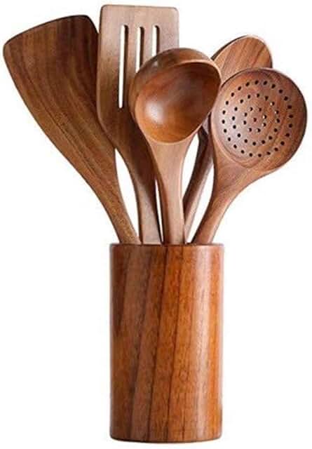 Set of six wooden kitchen utensils for cooking and baking
