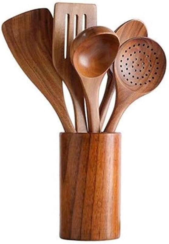 Set of six wooden kitchen utensils for cooking and baking