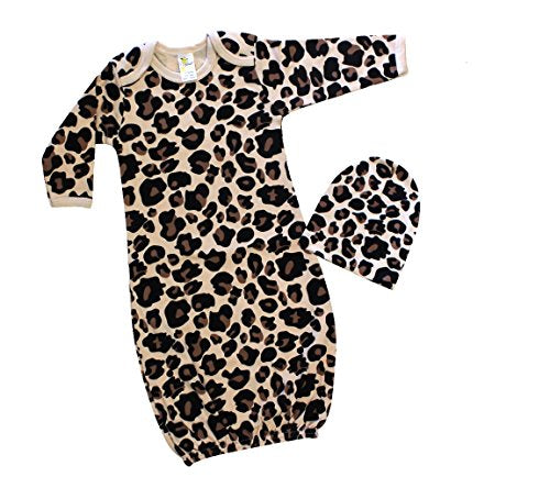Baby Girl Long Sleeve Sleeping Gown & Beanie Hat Set (0-3M, Leopard)