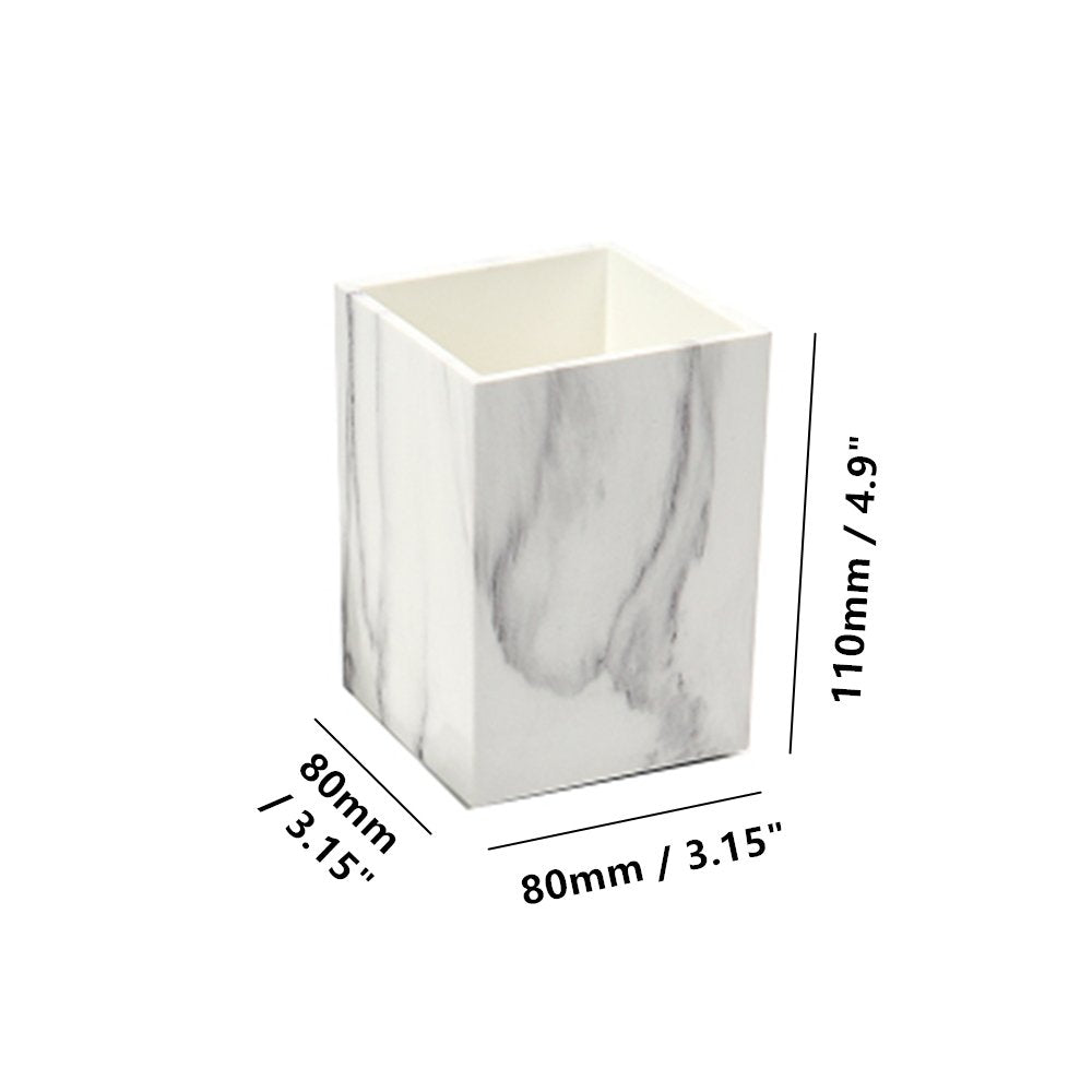 White marble desk stationery set with pen holder, tape dispenser, and stapler