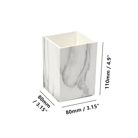White marble desk stationery set with pen holder, tape dispenser, and stapler