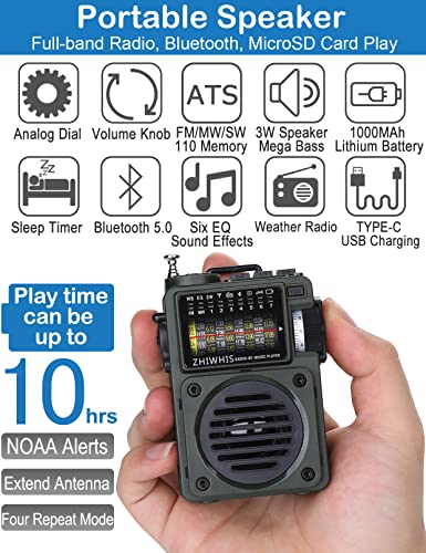 Bluetooth Speakers, Portable Radio with Sleep Timer, Weather AM FM Shortwave Radios with Best Sound, Retro Analog Tuner with Preset, Rechargeable MP3 Player Support MicroSD Card