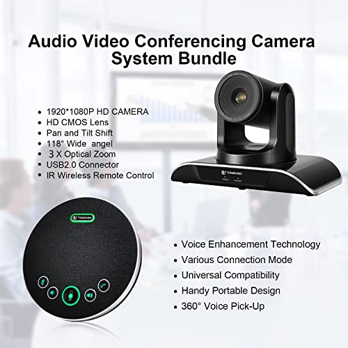 All-in-One Conference Room Camera System, Video Conferencing System Bundle HD 1080P 3X Optical Zoom PTZ Camera and Bluetooth Conference Speakerphone with Microphones