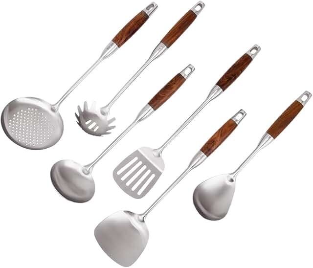 6-Piece Stainless Steel Kitchen Utensils with Wood Handles