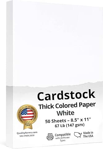 White cardstock paper, 50 sheets, 8.5x11 inches
