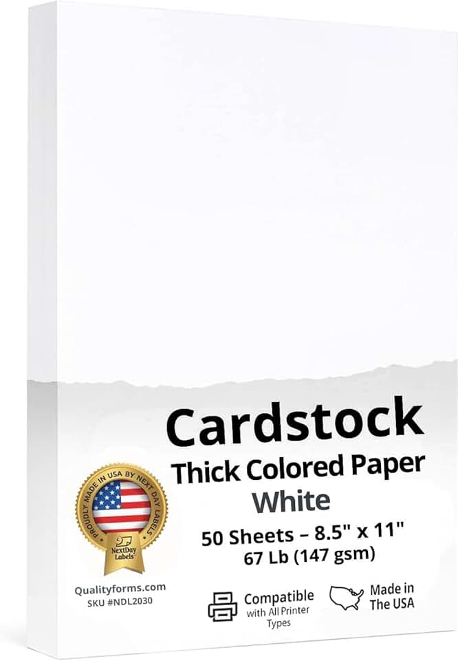 White cardstock paper, 50 sheets, 8.5x11 inches