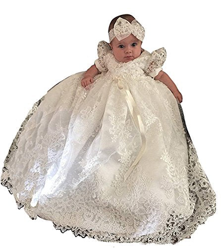 Newdeve Baby-Girls Lace Beads Infant Toddler White Christening Gowns Long (3-6 Months, White)