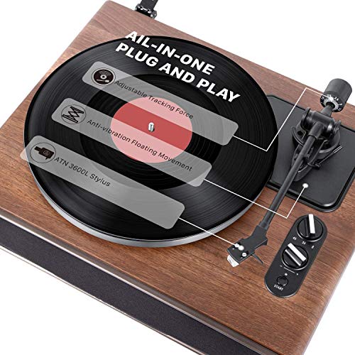 1 ONE High Fidelity Belt Drive Turntable with Built-in Speakers, Vinyl Record Player with Magnetic Cartridge, Bluetooth Playback and Aux-in Functionality, Auto Off