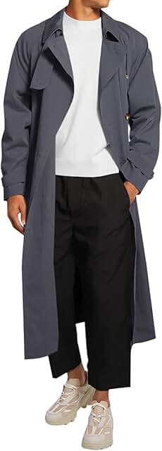 Men's Double-Breasted Belted Windbreaker Long Coat