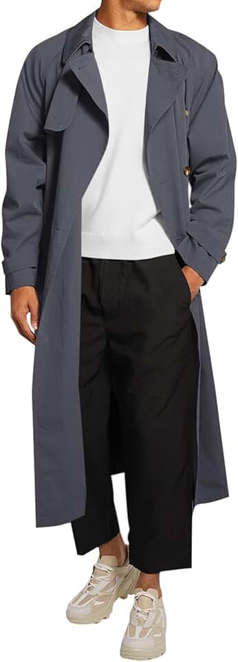 Men's Double-Breasted Belted Windbreaker Long Coat