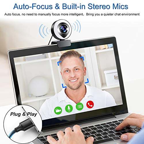 2021 1080P Webcam with Microphone and Ring Light, Adjustable Brightness Full HD Plug and Play Web Camera Auto-Focus with Tripod Streaming USB Webcam for Windows PC Desktop Laptop MAC Zoom YouTube
