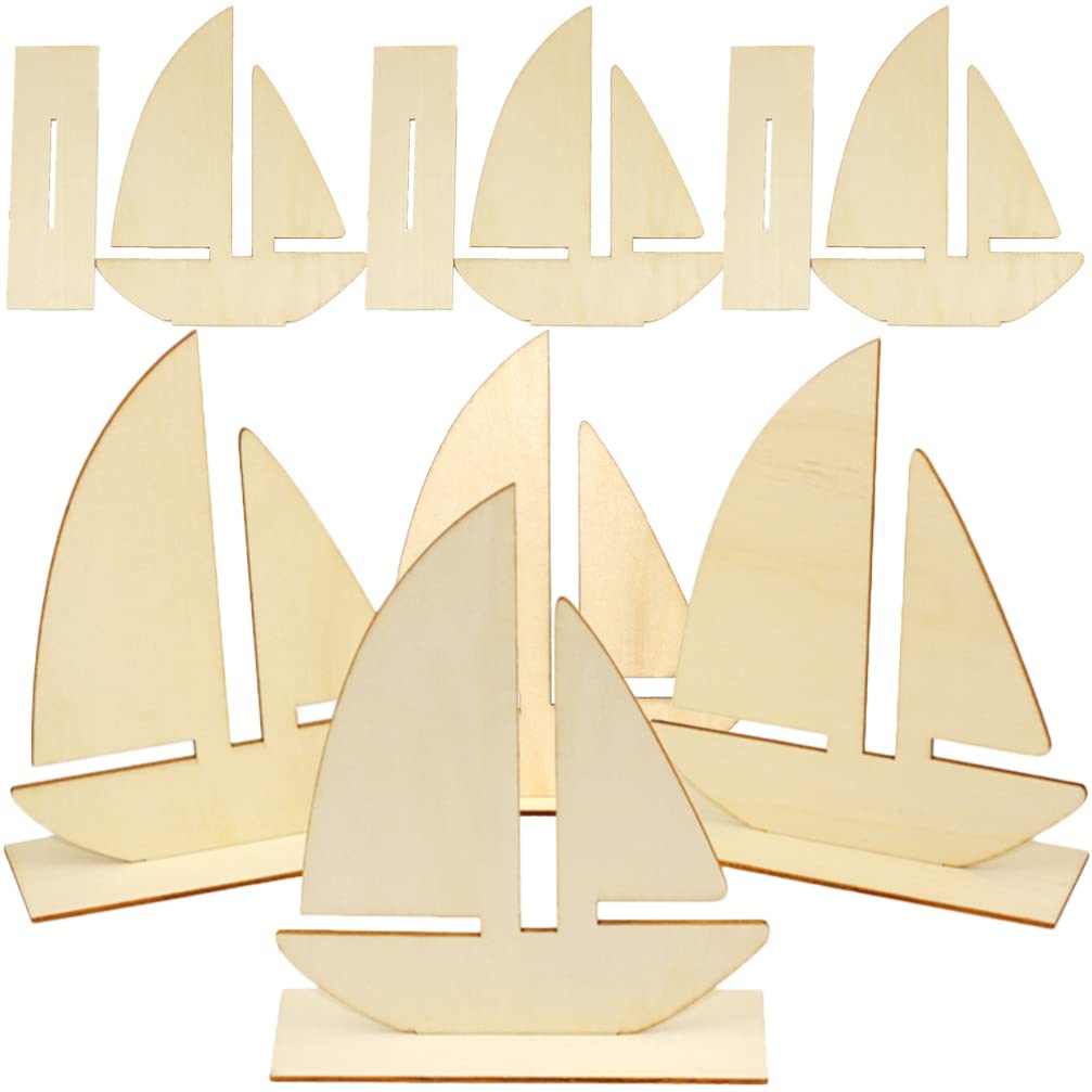 10 Pcs Unfinished Wooden Sailboat Models Set
