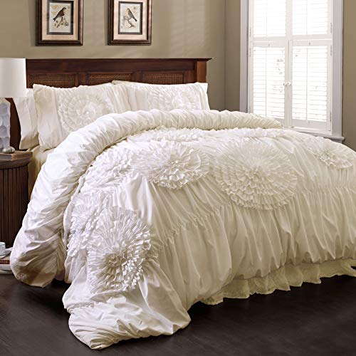 Serena Comforter Ivory Ruched Flower 3 Piece Set, Full/Queen
