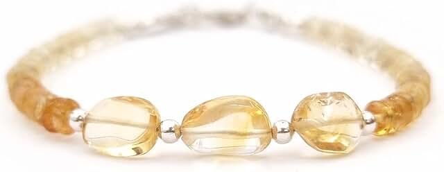 Yellow Citrine Gemstone Bracelet with Silver Beads for Women
