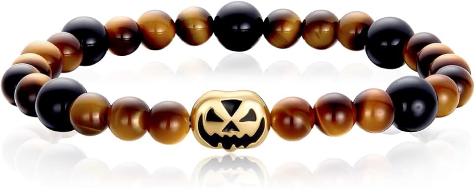 Gothic Halloween Gemstone Stretch Bracelet with Skull Charms