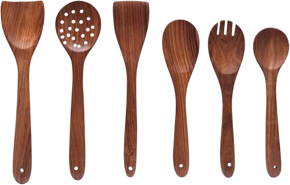 Set of 6 Wooden Spatula Spoons for Cooking and Serving