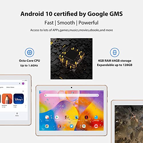 10 Inch Tablet 8 Core - Android 10.0 Ultra-Fast,4GB RAM 64GB ROM,72 Hours Long Standby,WiFi Support/Bluetooth/Keyboard/Mouse/Tablet Cover and More Include - Golden