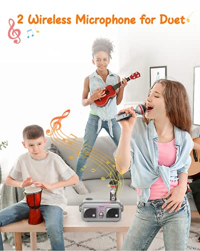 Bluetooth Karaoke Machine for Kids & Adults with 2 Wireless Microphones Portable PA System for Indoor Outdoor Party Kids Karaoke Player Compatible with Bluetooth, AUX, USB/TF