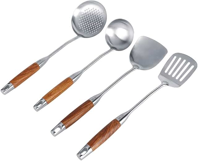 Set of four stainless steel and wood cooking utensils