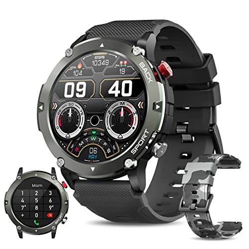 Military Men Smart Watch(Answer/Make Calls), 2022 Newest Bluetooth Tactical Smart Watch for Android iPhone, IP68 Waterproof Outdoor Tough Rugged Fitness Tracker with AI Voice/Heart Rate/Sleep, Black
