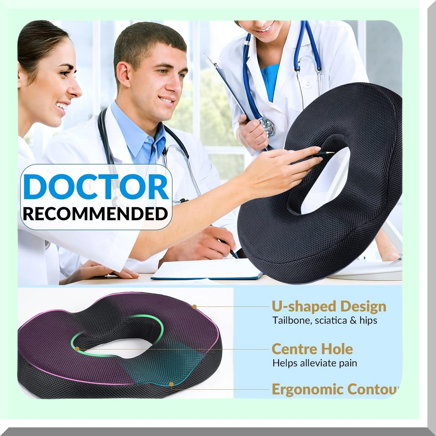 CoolGel Comfort Donut XL - Tailbone Pain Relief Cushion for Hemorrhoids, Postpartum, Pregnancy - Memory Foam Doughnut Seat Pillow for Men and Women