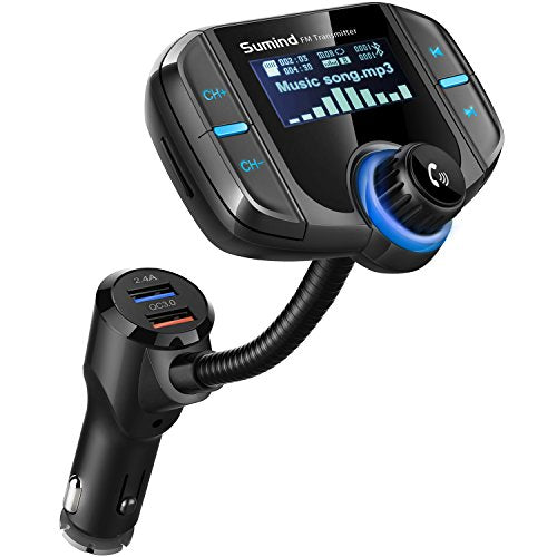 (Upgraded Version) Bluetooth FM Transmitter, Wireless Radio Adapter Hands-Free Car Kit with 1.7 Inch Display, QC3.0 and Smart 2.4A Dual USB Ports, AUX Input/Output, TF Card Mp3 Player